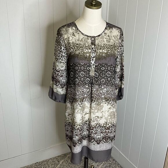 Fig and Flower Women's Medium Petite Black Grey Paisley Floral Print Tunic Dress - Picture 1 of 14